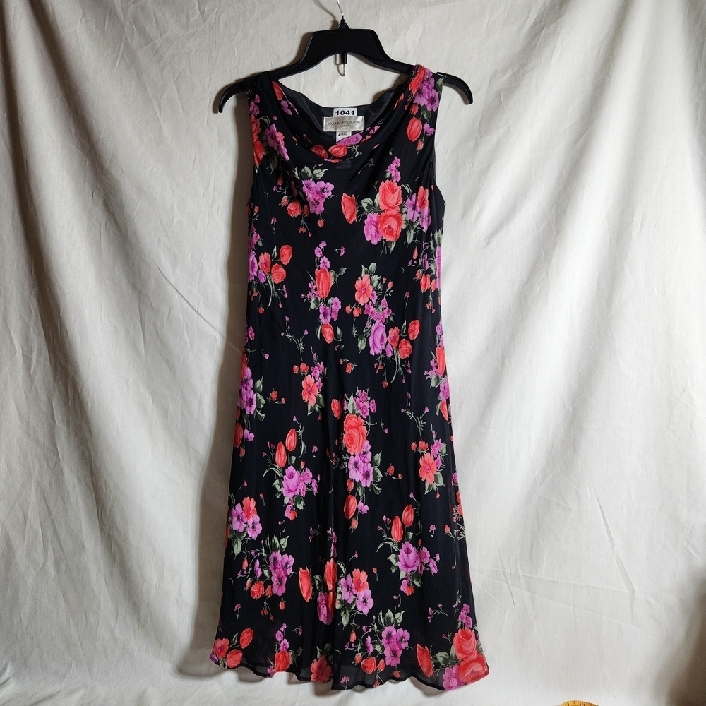 Evan Picone Black Dress with Pink and Purple Floral Design Womens Size 12